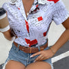 Letter Print Button Up Shirt, Elegant Lapel Collar Short Sleeve Shirt For Spring & Summer, Women's Clothing