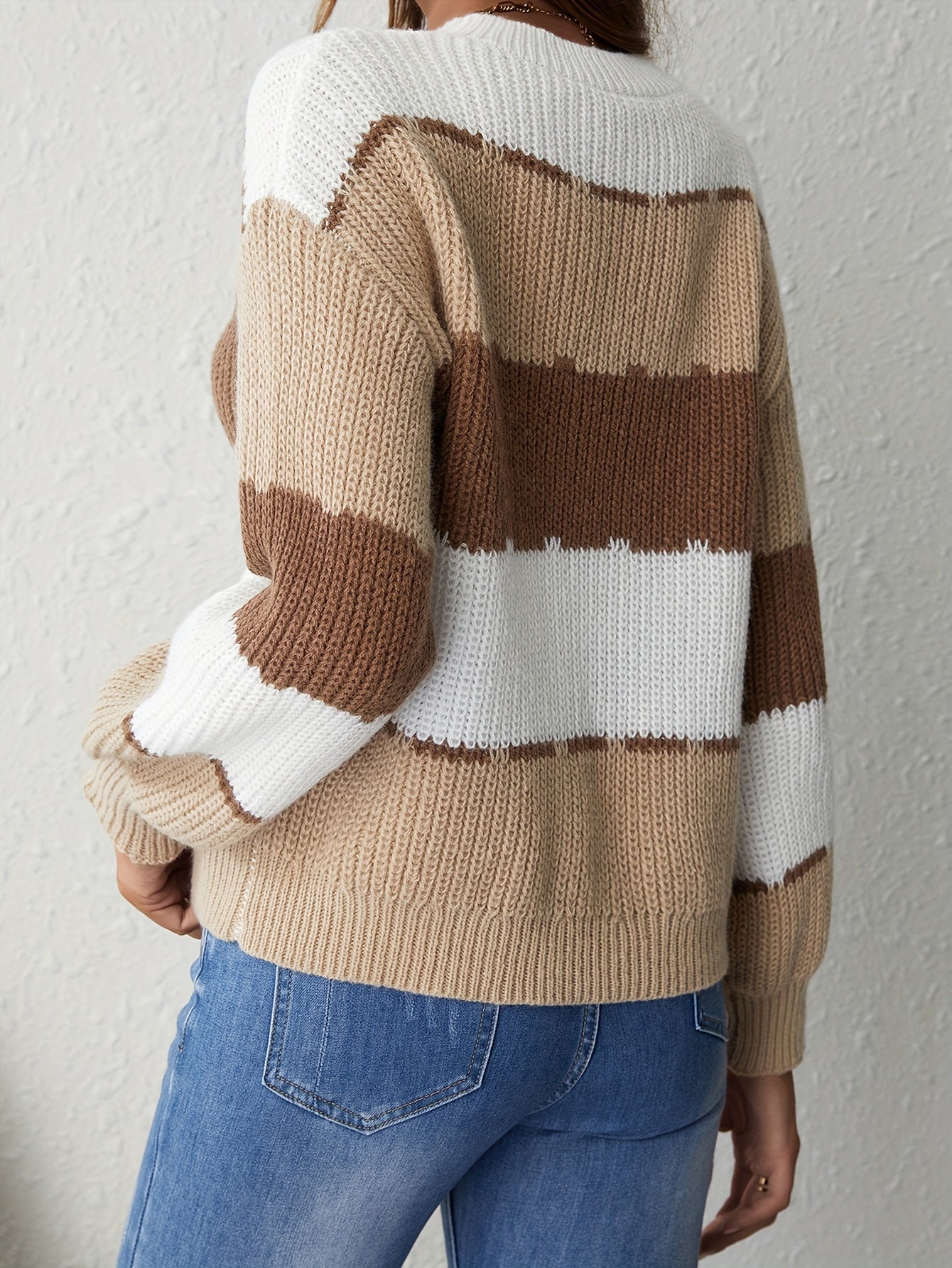Elegant Color Block Knit Sweater – Women’s Long Sleeve Crew Neck Pullover, Soft Micro-Stretch Polyester, Stylish Patchwork Design for Fall & Winter