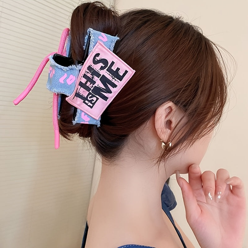 Pink Denim Bow Hair Clip for Women - Stylish Two-Tone Shark Clip with Ribbon Detail, Non-Slip Plastic Back, Perfect for Casual or Formal Occasions, Hair Accessory | Playful Accessory | Fabric Bow Detai