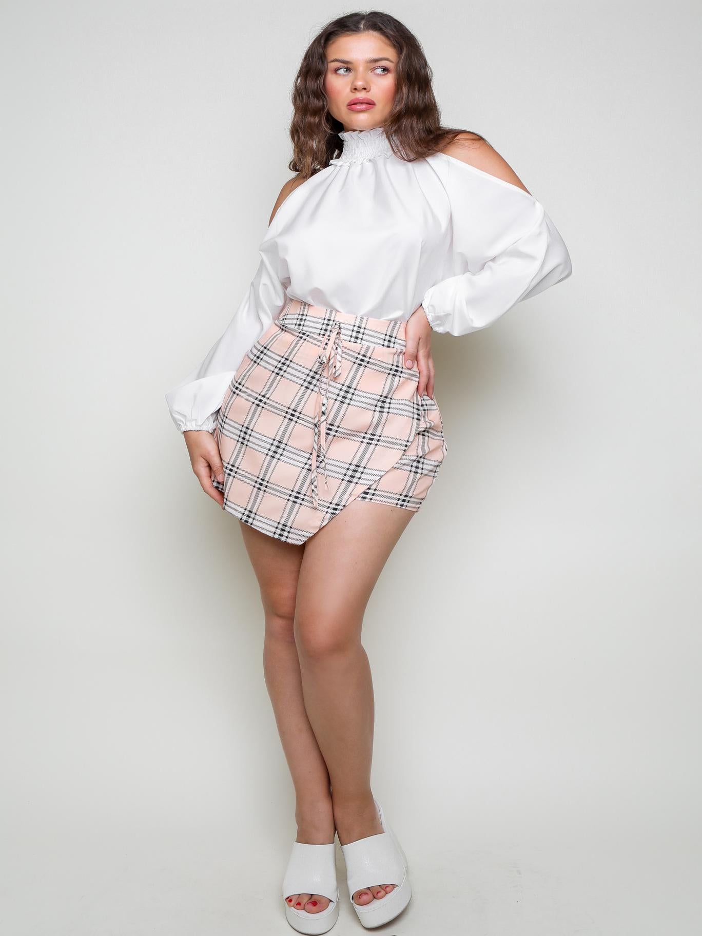 NEW COLD SHOULDER SHIRRED TOP HOUNDSTOOTH PRINT TIE FRONT SKORTS SET
