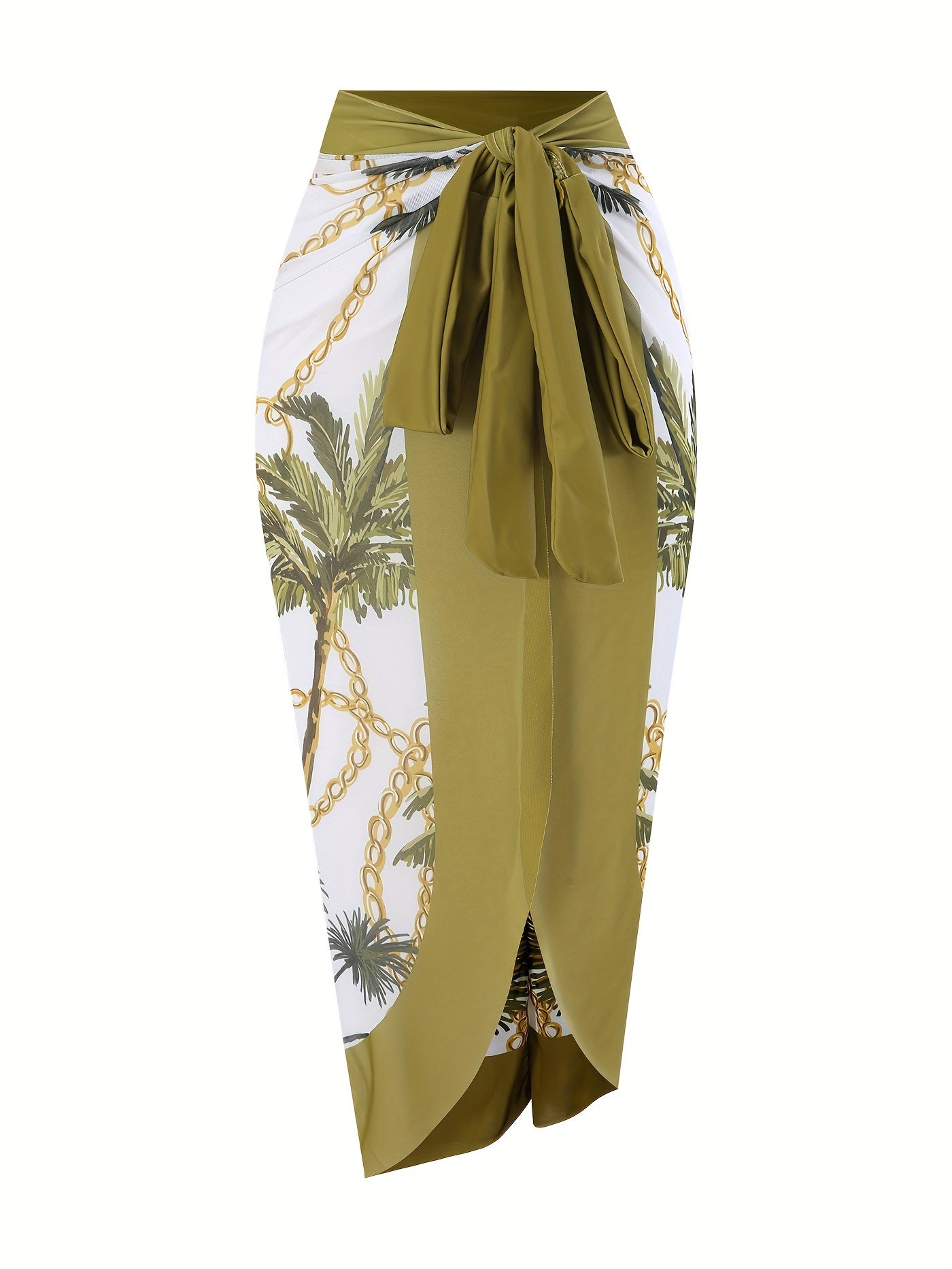 Green Coconut Tree Print Seamless V-Neck Tie-Dye Gauze Skirt Two-Piece Women's Sunscreen Suit