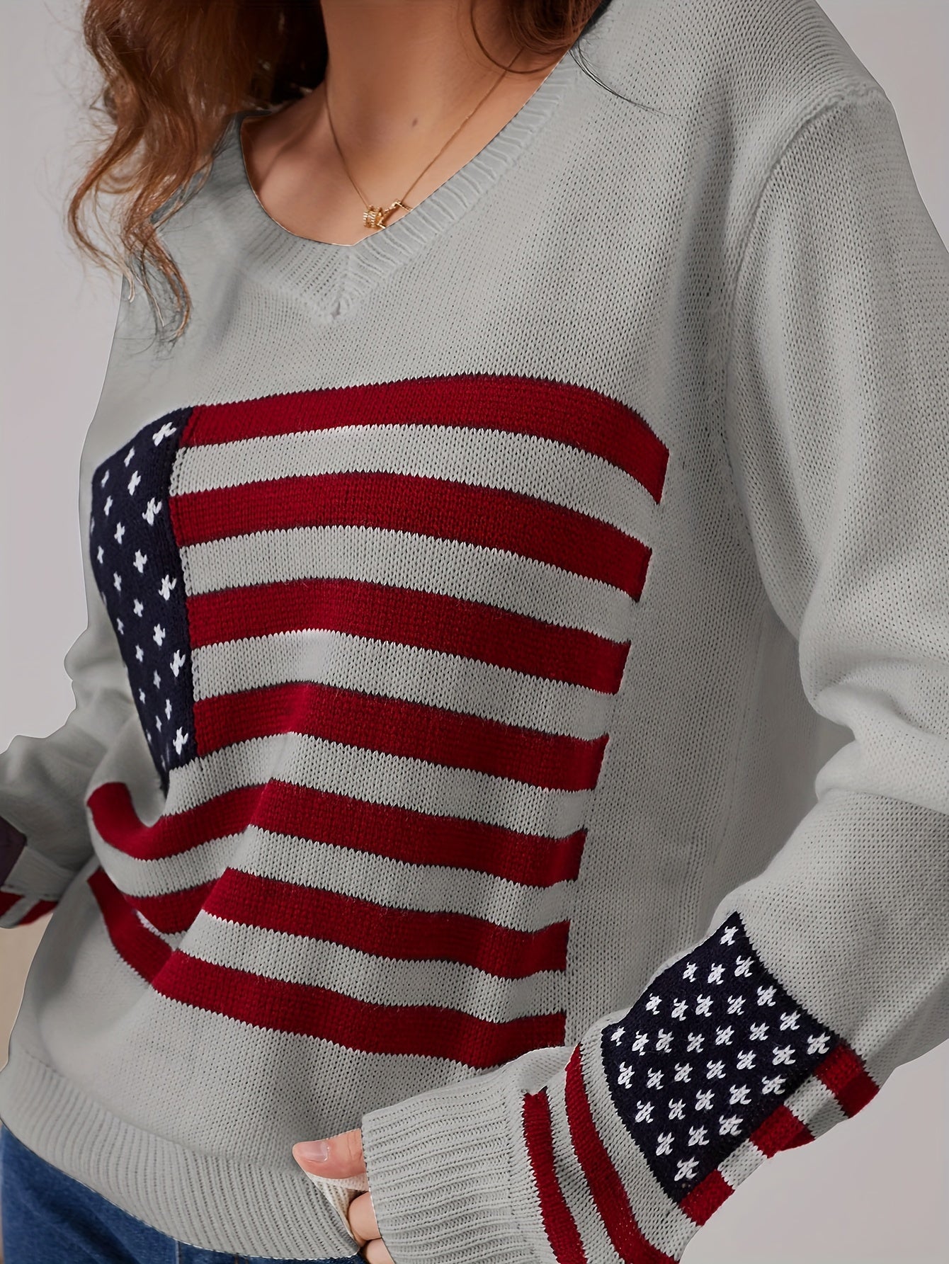 American Flag Print V Neck Sweater, Casual Long Sleeve Sweater For Spring & Fall, Women's Clothing