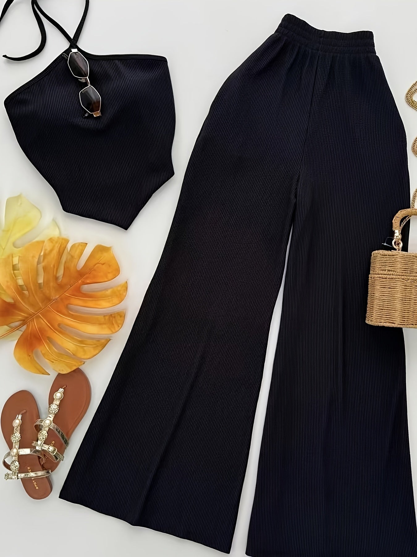 Summer Design Off-Shoulder Crop Top + Elastic Waist Flare Pants Set
