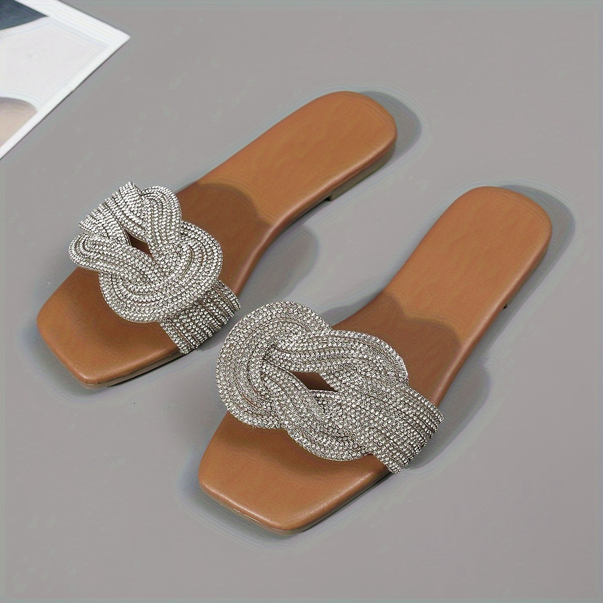 BELINSAL Women'S Elegant Open-Toe Flat Sandals, Lightweight Slip-On Beach Slippers with Strappy Back, Rhinestone-Embellished, Man Made Materials, TPR Sole, Polyurethane Upper