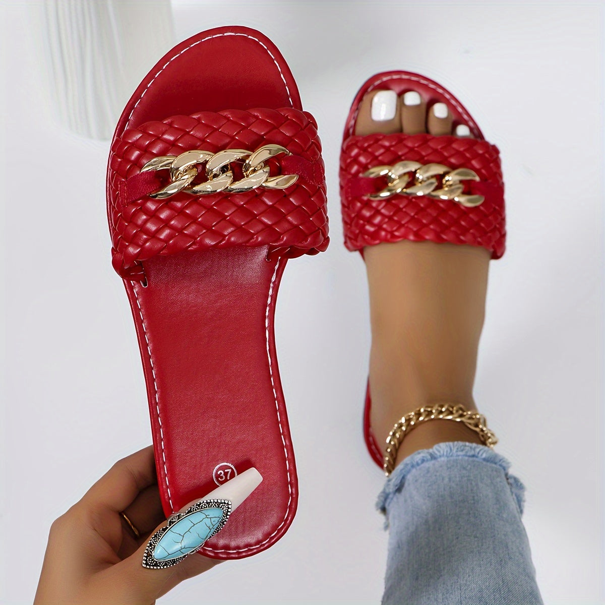 Women's Chain Decor Slide Sandals - Casual Open Toe Flat Summer Shoes, Lightweight Braided Slide Sandals - For Women - Perfect for Summer Beach, Vacation & Casual Wear - Ideal Gift for Fashionable Women