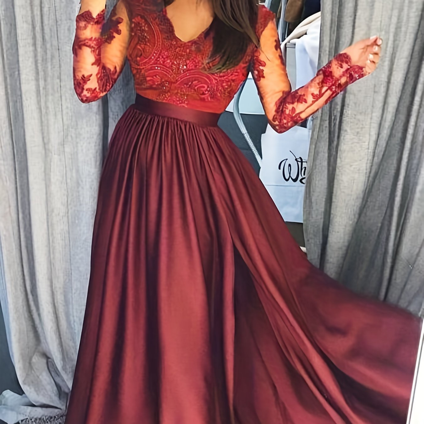 Women'S Crochet Lace Formal Dress Solid Color Long Sleeve Party Wedding Dress Bridesmaid Long Dress