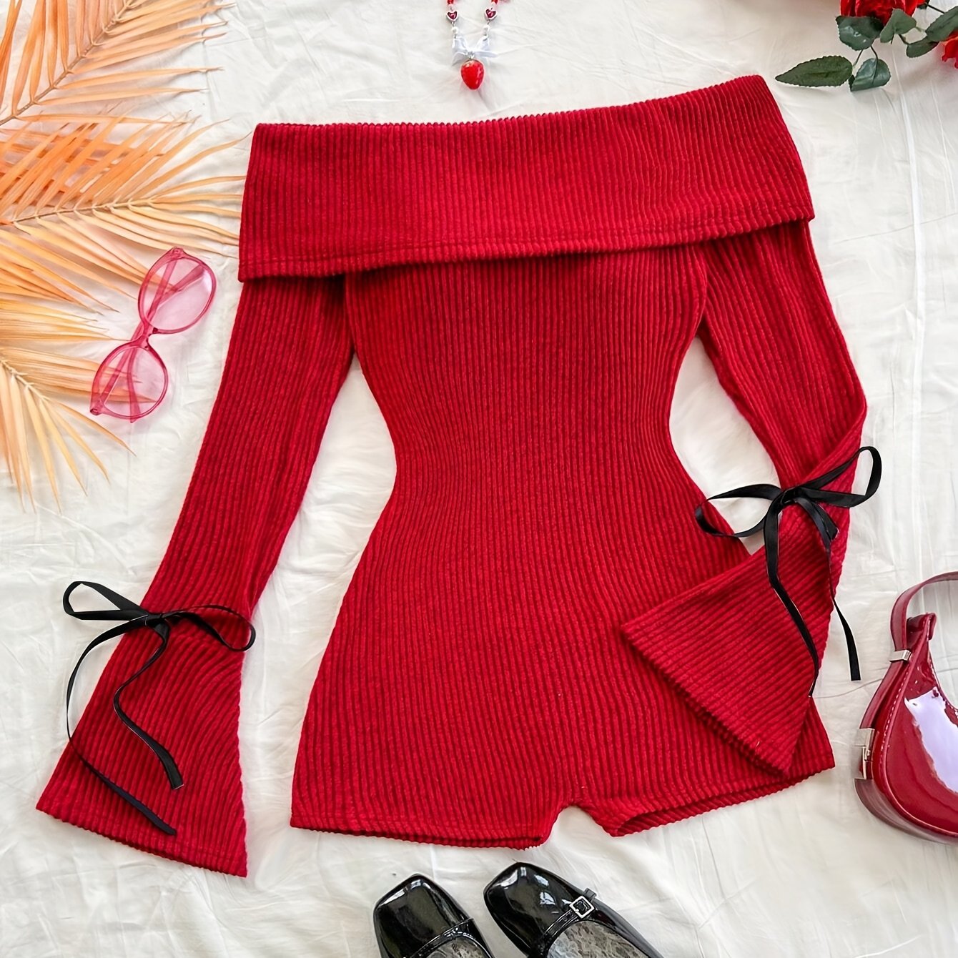 Elegant Direction Women'S New Autumn And Winter Knitted Solid Color Off-Shoulder Long Sleeve Flared Jumpsuit.