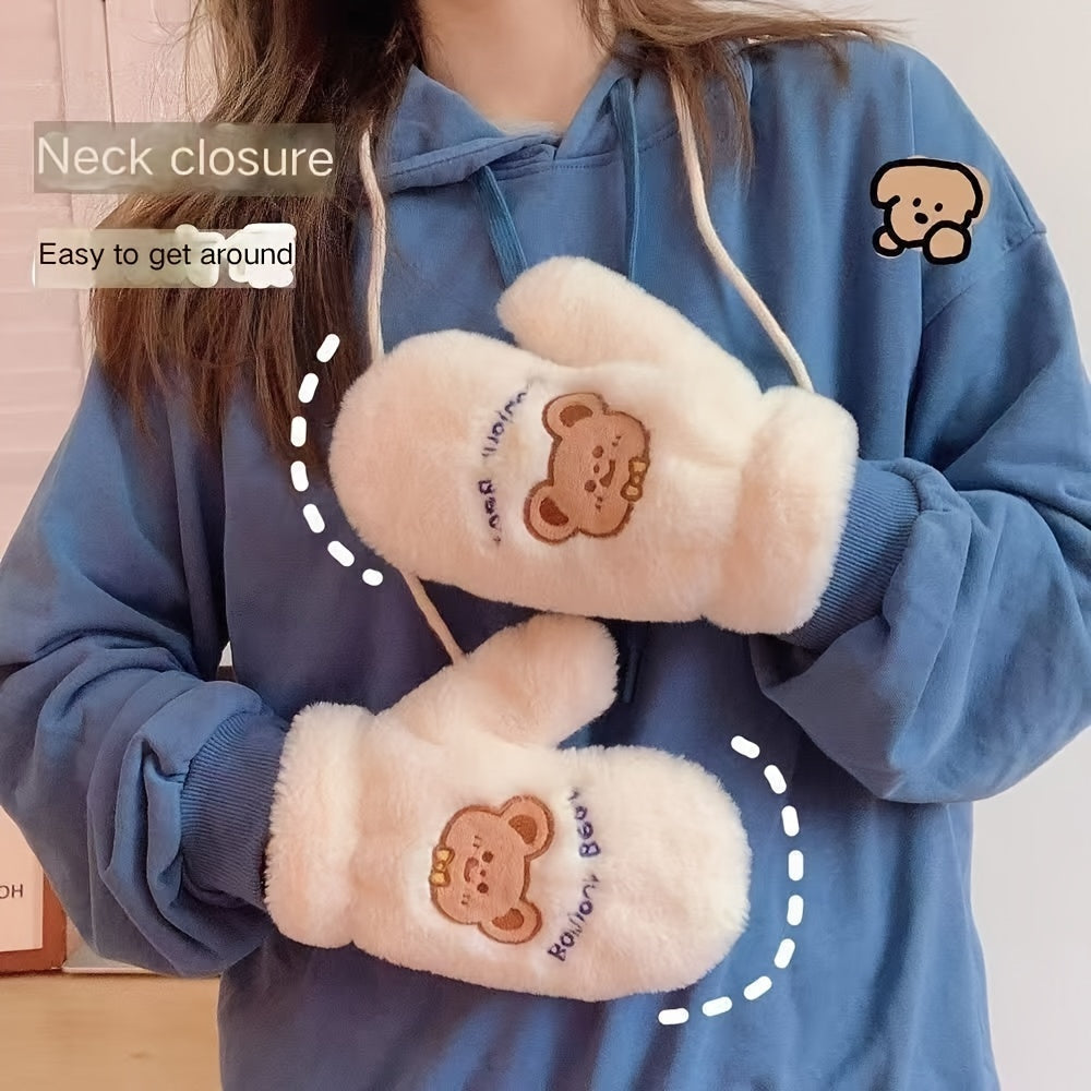 Cozycraft, Cozy Fleece-Lined Winter Gloves with Cute Bear Design - Windproof, Warm Mittens for Outdoor Activities, Non-Slip Touchscreen Compatible, Winter Accessories