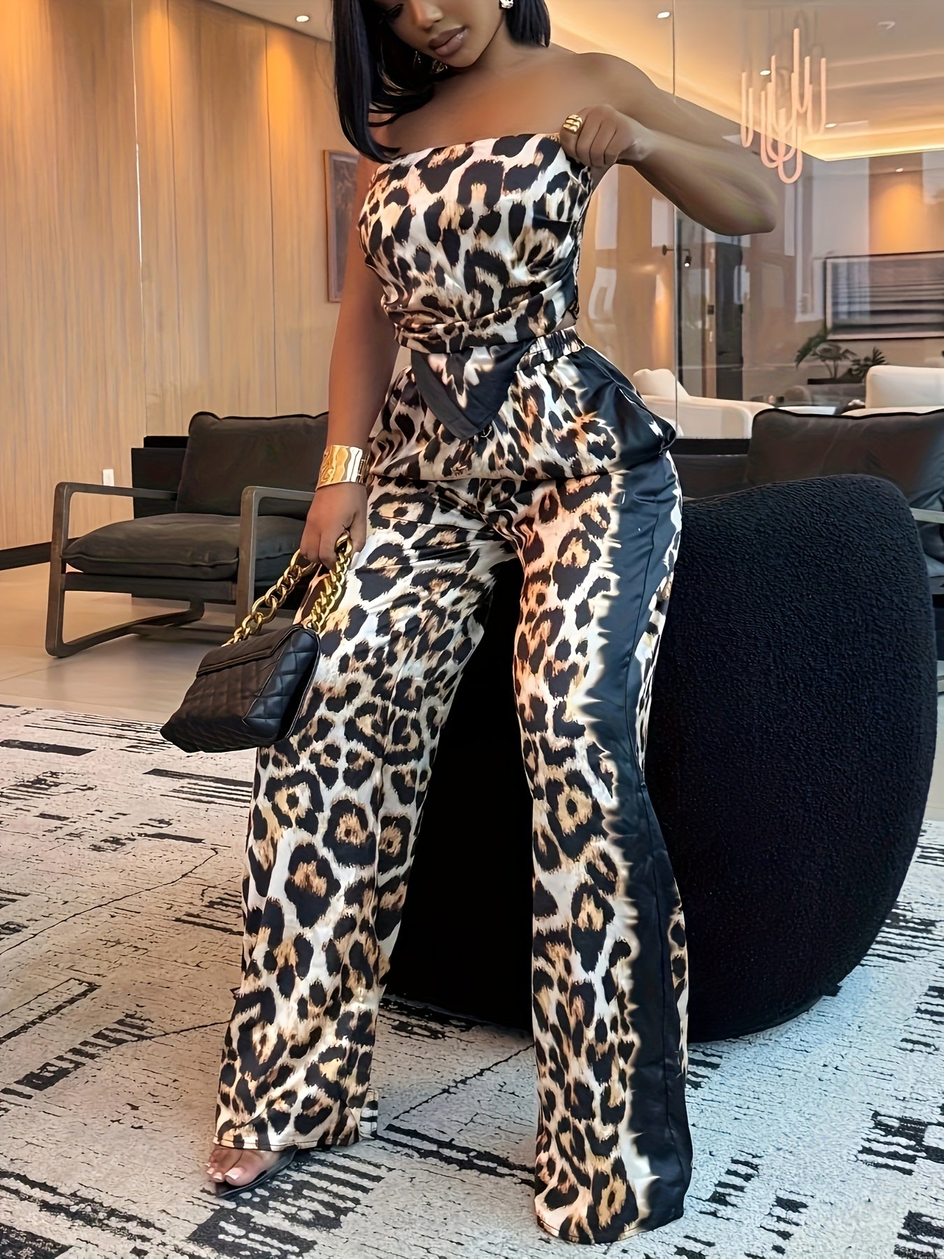 Fashion Leopard Print Design, Unique Strapless Top, Bag, And Wide-Leg Pants Set.