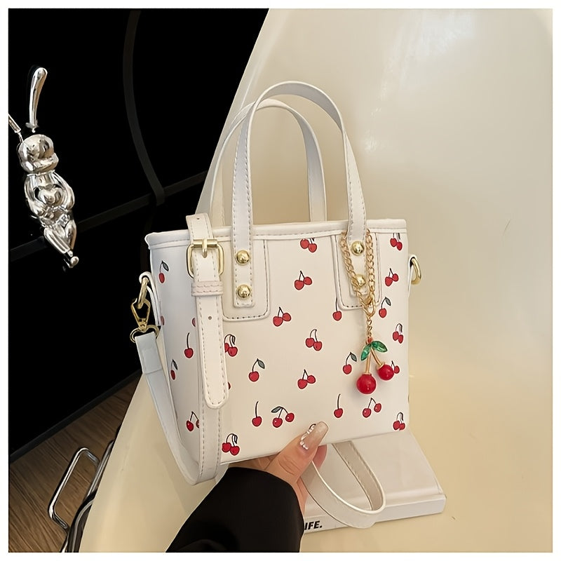 Women's Cherry Pattern Bucket Bag with Detachable Charm, Zipper Closure, Large Capacity Fashionable Crossbody Bag in Red/White, Perfect for Shopping, Commuting, or Gift Giving, Versatile Crossbody Bag | Playful Cherry Design