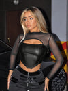 Chic Women's Sheer Mesh Crop Top - Sexy Long Sleeve, Mock Neck with Cut-Out Detail, Stretchy Polyester Blend