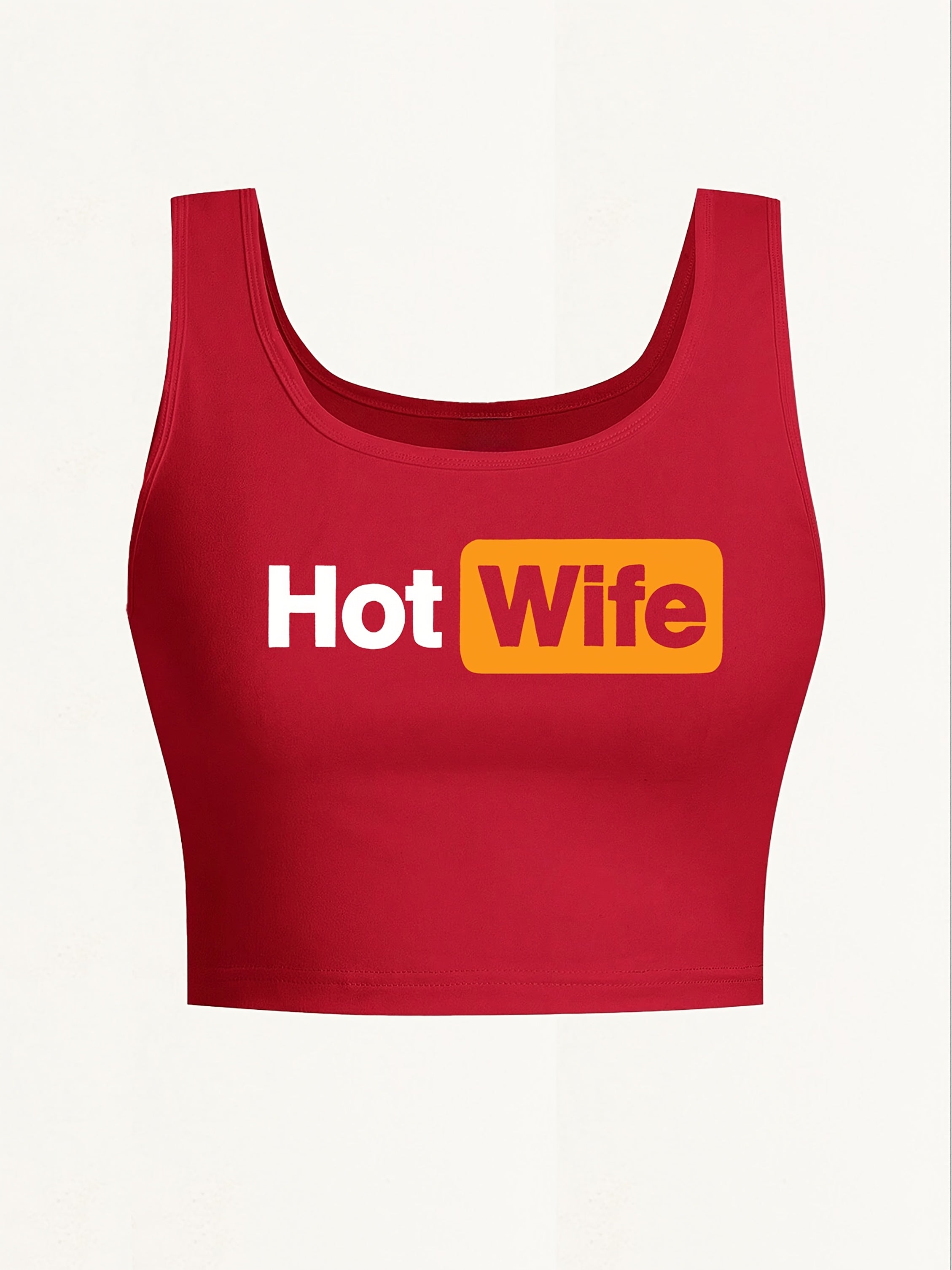 Women's "Hot Wife" Graphic Print Sleeveless Tank Top - Vibrant Red with Yellow Splash Design, Seamless Round Neck, Lightweight Breathable Fabric for Yoga & Casual Wear, Machine Washable Spring Summer Fall Top, Ladies Tank Top