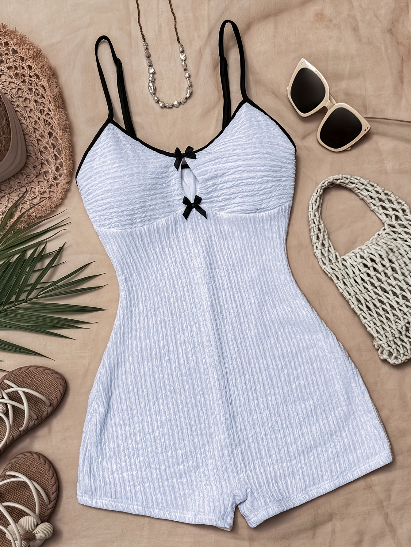 Women'S White Knit Textured Halter Jumpsuit with Bow Detail - Stylish Vacation Swimsuit, Perfect for Beach or Pool Parties, Polyester Blend, Party Attire|Vacation Style|Polyester Spandex Blend