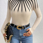 Women's Elegant High Neck Long Sleeve Sweater - Purple & Black Contrast Color-Block Design, Ribbed Texture, All-Season Versatile Pullover for Casual & Formal Wear, Casual Elegant Wear | Fashionable Pullover | Chic Details, La