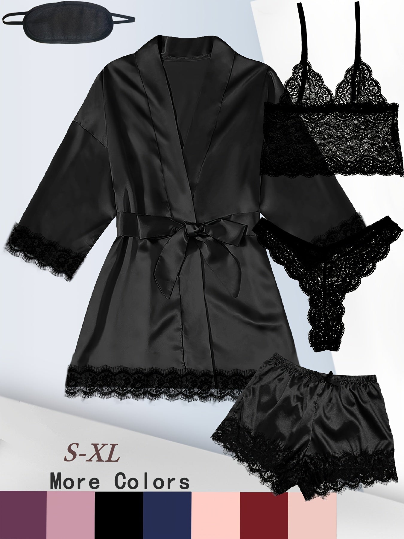 Women's Plus Sexy Lounge Set - Plus Size Satin Contrast Eyelash Lace Belted Nightgown & Camisole & Panty & Shorts With Free Eye Mask - For Women - Perfect for Lounging & Sleepwear - Ideal Gift for Her
