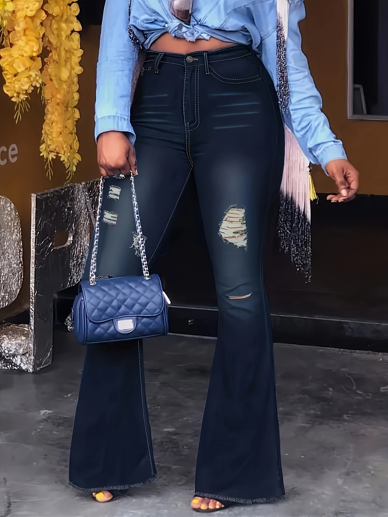 Vegan High Stretch Skinny Jeans, Slim Casual Jeans, Women'S Jeans And Clothing, Elastic Waist Flare Hole Rough Side Plus Size Jeans, Hip Lifting Comfortable Women'S Pants