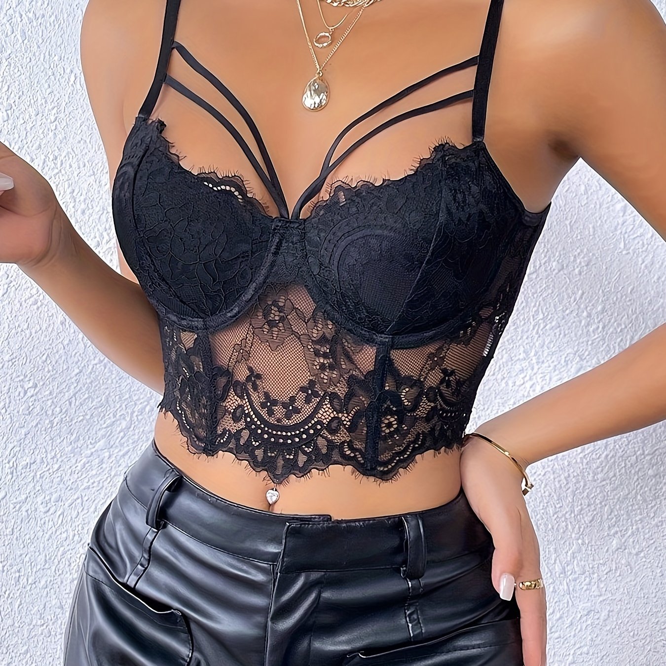New Sexy Low-Cut Fishbone Eyelash Lace Perspective Backless Sling Corset Top