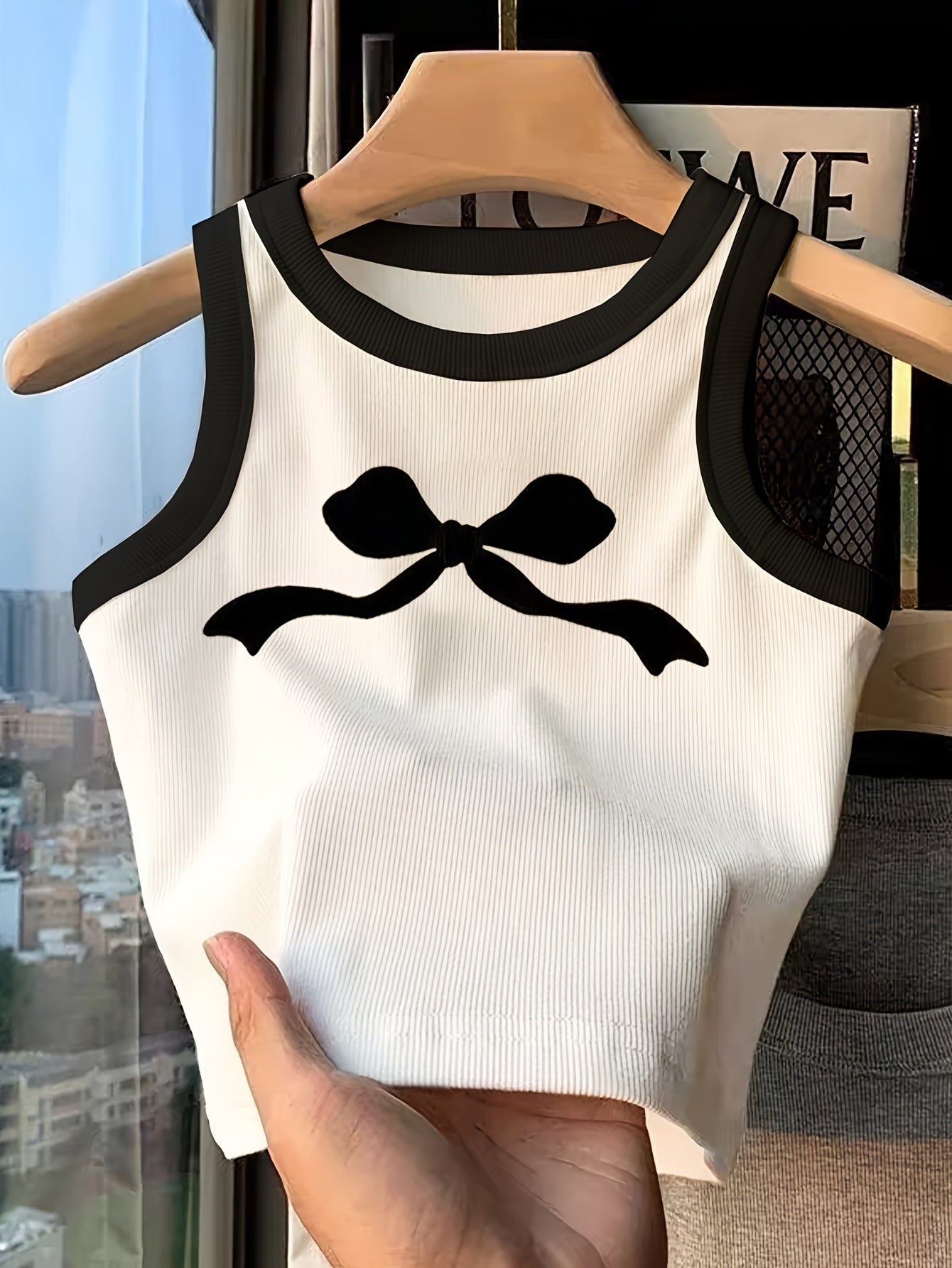 Teenage Girls' Cute Bow Print Tank Top, Simple Fashion for Casual Wear