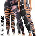 [3 Pack High Waist Yoga Leggings] 3 Pack Women's Tie Dye Cutout Tights High Waist Workout Yoga Leggings, Scrunch Butt Lifting Elastic Pants, Womens High Waist Yoga Pants Cutout Ripped Tummy Control Workout Running Yoga Skinny