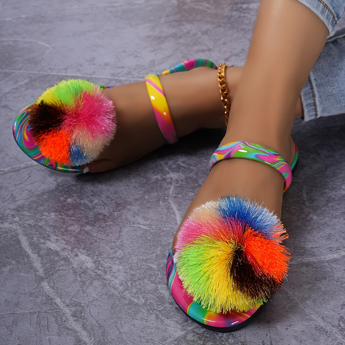 Colorful Ball Toe Striped Fashion Style Elegant Women's Summer Flat Slippers