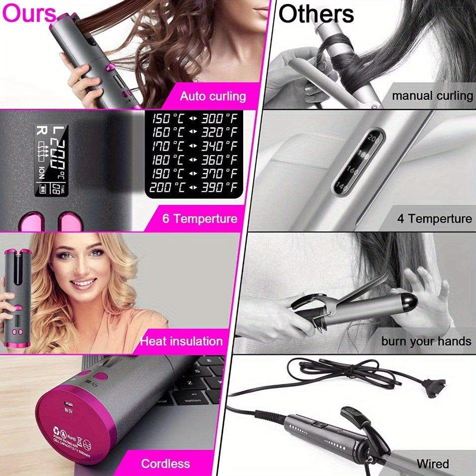 Portable Wireless LCD Display Rechargeable Ceramic Heating Antiperm Hair Curlers Automatic Electric Power Source Curling Irons