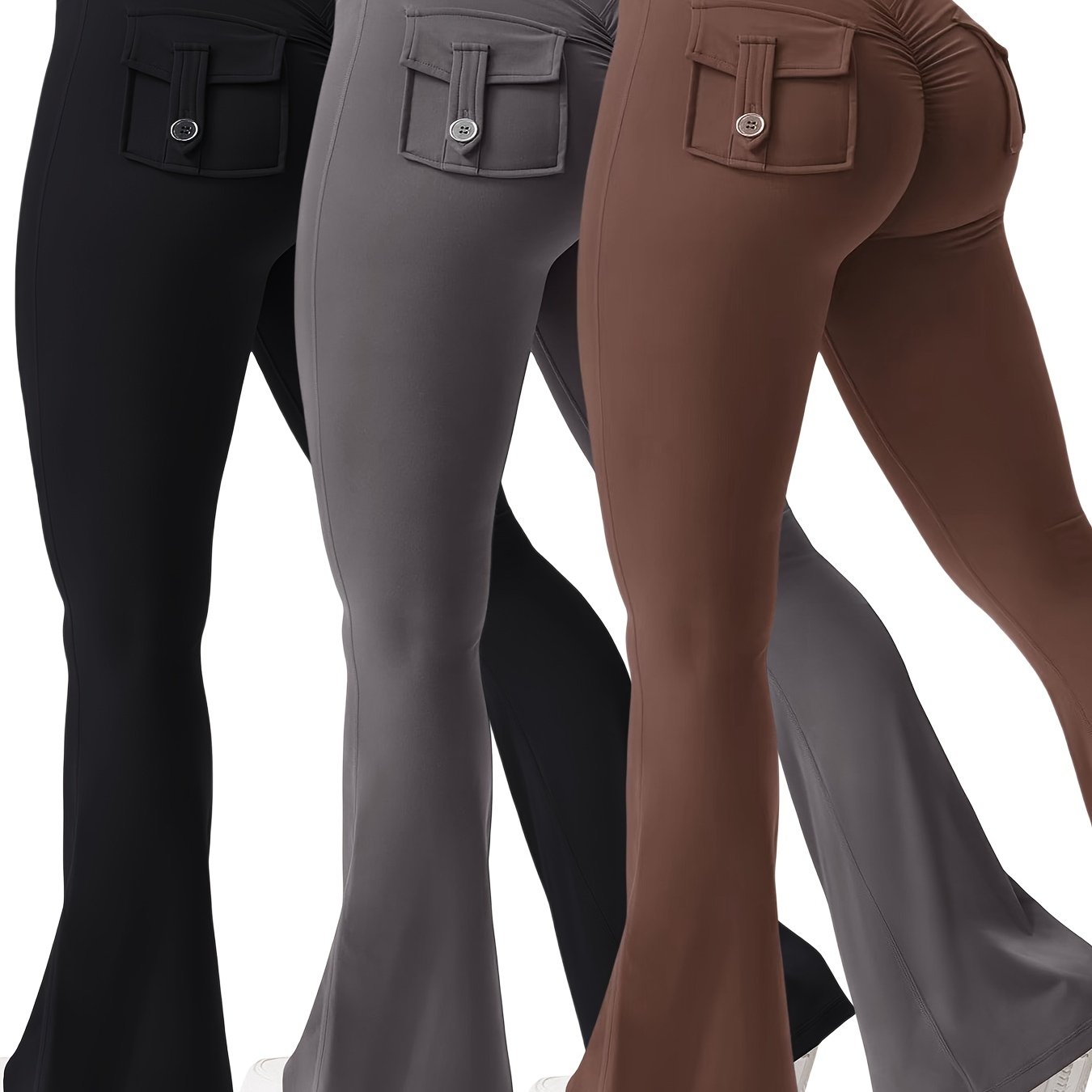 3pcs Women's High Elasticity Yoga Pants with Pockets - Soft Flared Leg Workwear-Style Fitness Pants, Elastic Waistband Tight-Fit Butt-Lifting for Running, Gym & Casual Wear (Black/Grey/Brown), Running Attire | Highwaisted Fla