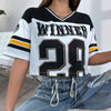 [Sporty Chic] Women's Contrast Color V-Neck Crop Top T-Shirt - "WINNER 23" Graphic, Casual Sporty Style, Short Sleeve, Polyester Blend, White & Black with Yellow Stripes, Spring/Summer/Fall Wear