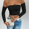 Off Shoulder Crop T-Shirt, Sexy Long Sleeve Slim Top For Spring & Fall, Women's Clothing