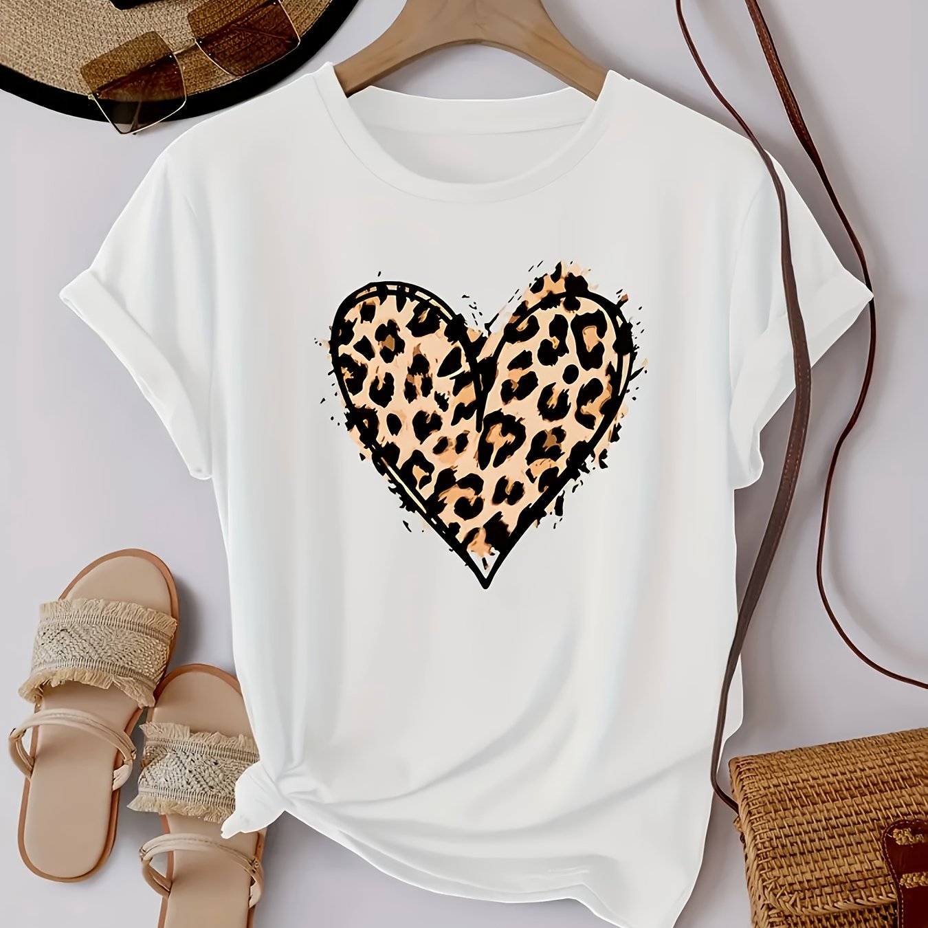 Women's Casual Leopard Print Bowknot T-Shirt - Short Sleeve, Round Neck, Soft & Comfortable Fabric, Perfect for Spring/Summer Fashion, Green Graphic Tee with Stylish Bow Design, Casual Wear | Playful Graphic Tee | Stylish Gra