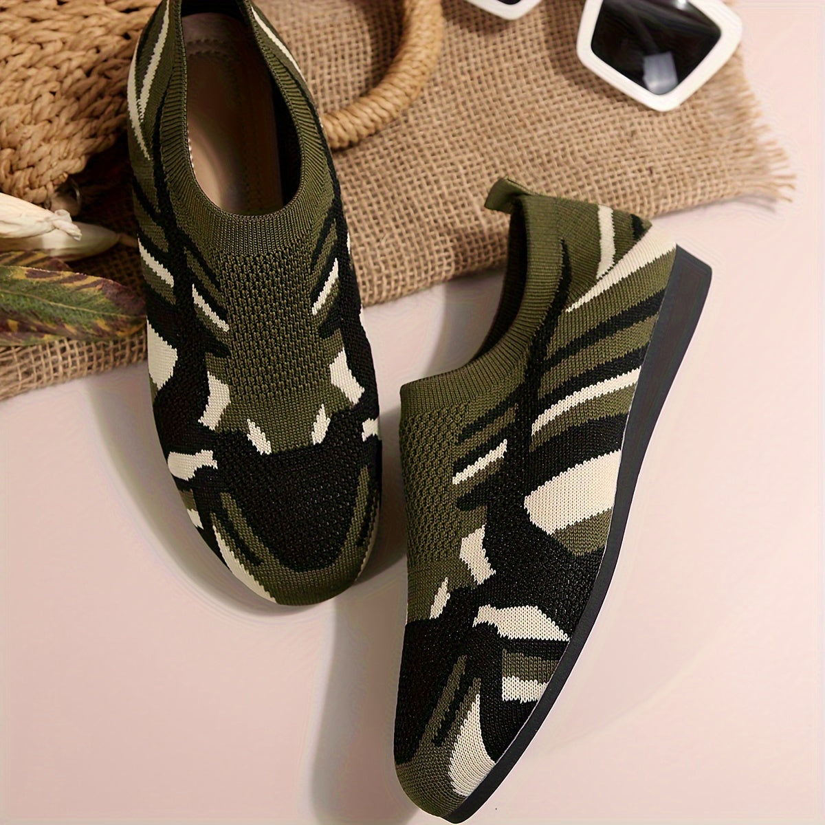 Women's Camouflage Pattern Flat Shoes, Breathable Knit Slip On Outdoor Shoes, Lightweight Low Top Shoes