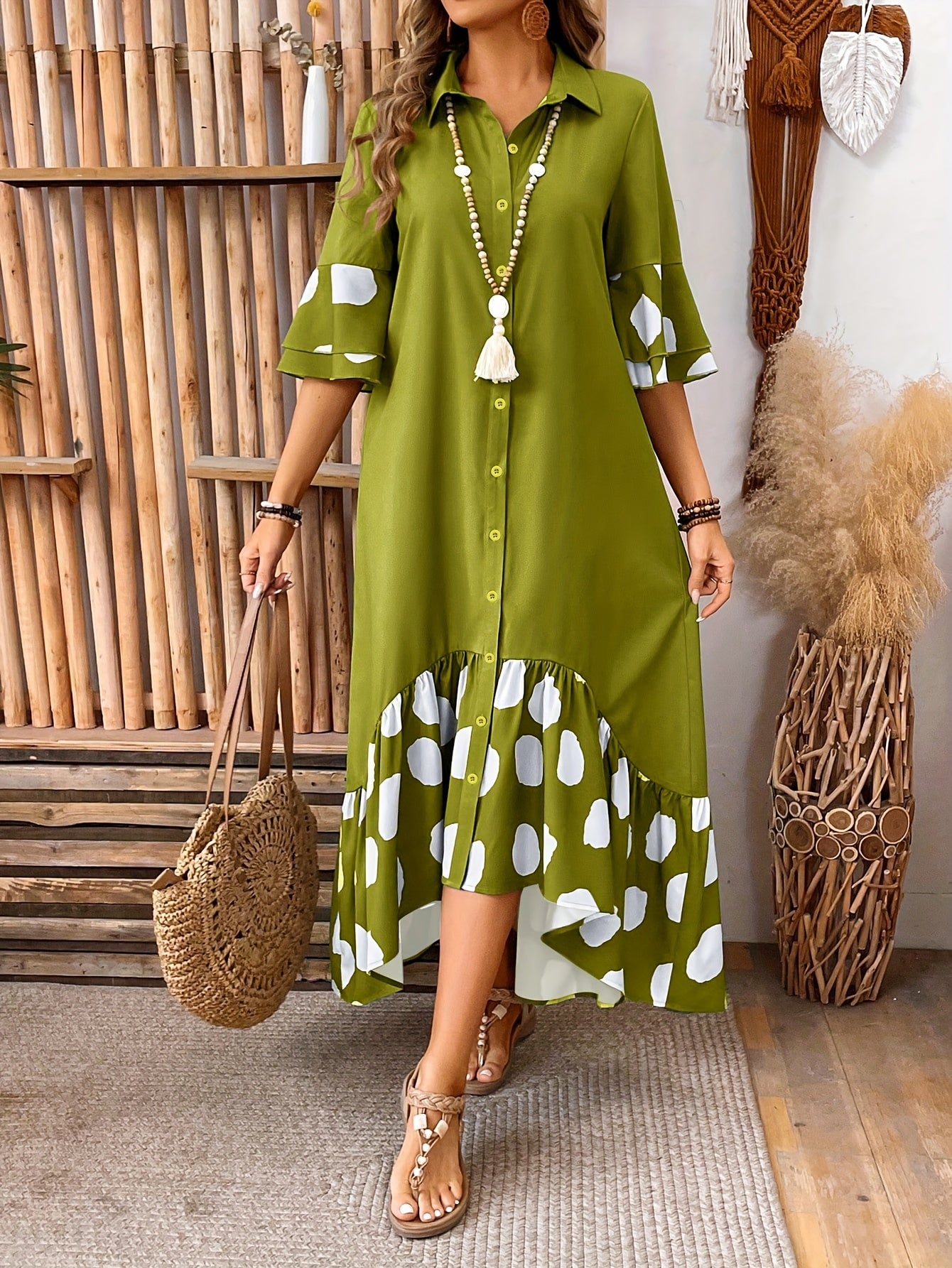 Elegant Women'S Long Sleeveless Dress with Front Button Detail and Polka Dot Print - Semi-Sheer A-Line Midi Skirt Dress for Spring/Fall, Cute Dress