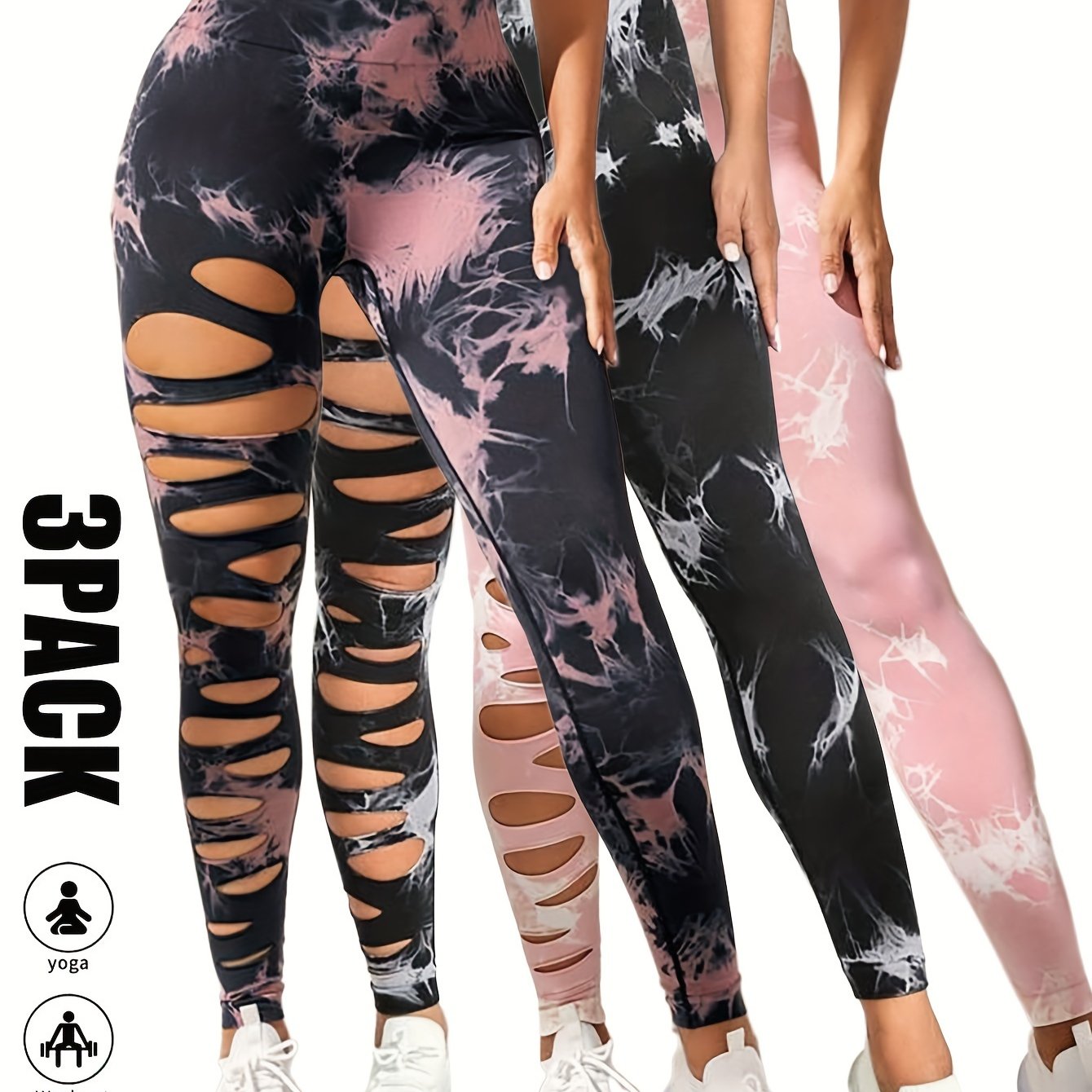 [3 Pack High Waist Yoga Leggings] 3 Pack Women's Tie Dye Cutout Tights High Waist Workout Yoga Leggings, Scrunch Butt Lifting Elastic Pants, Womens High Waist Yoga Pants Cutout Ripped Tummy Control Workout Running Yoga Skinny