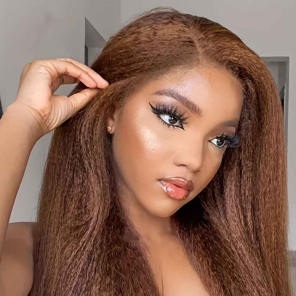 Reddish Brown Italian Yaki Straight Human Hair Wig for - 13x6 Lace Front with Pre-Plucked Baby Hair, 180% Density 32 Inch Natural Look, Elegant Style for All Ethnicities, Versatile Hairpiece | Sleek Hairpiece
