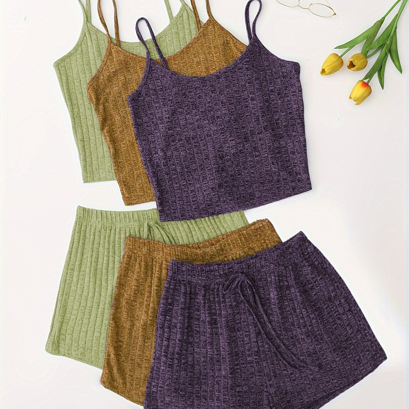 3 Sets Solid Pajama Set, Round Neck Cami Top & Lace-up Shorts, Women's Sleepwear & Loungewear