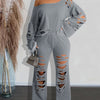 Two-piece Women's Casual Cut Out Set - Long Sleeve Asymmetric Top And Pants Outfit for Comfort And Style