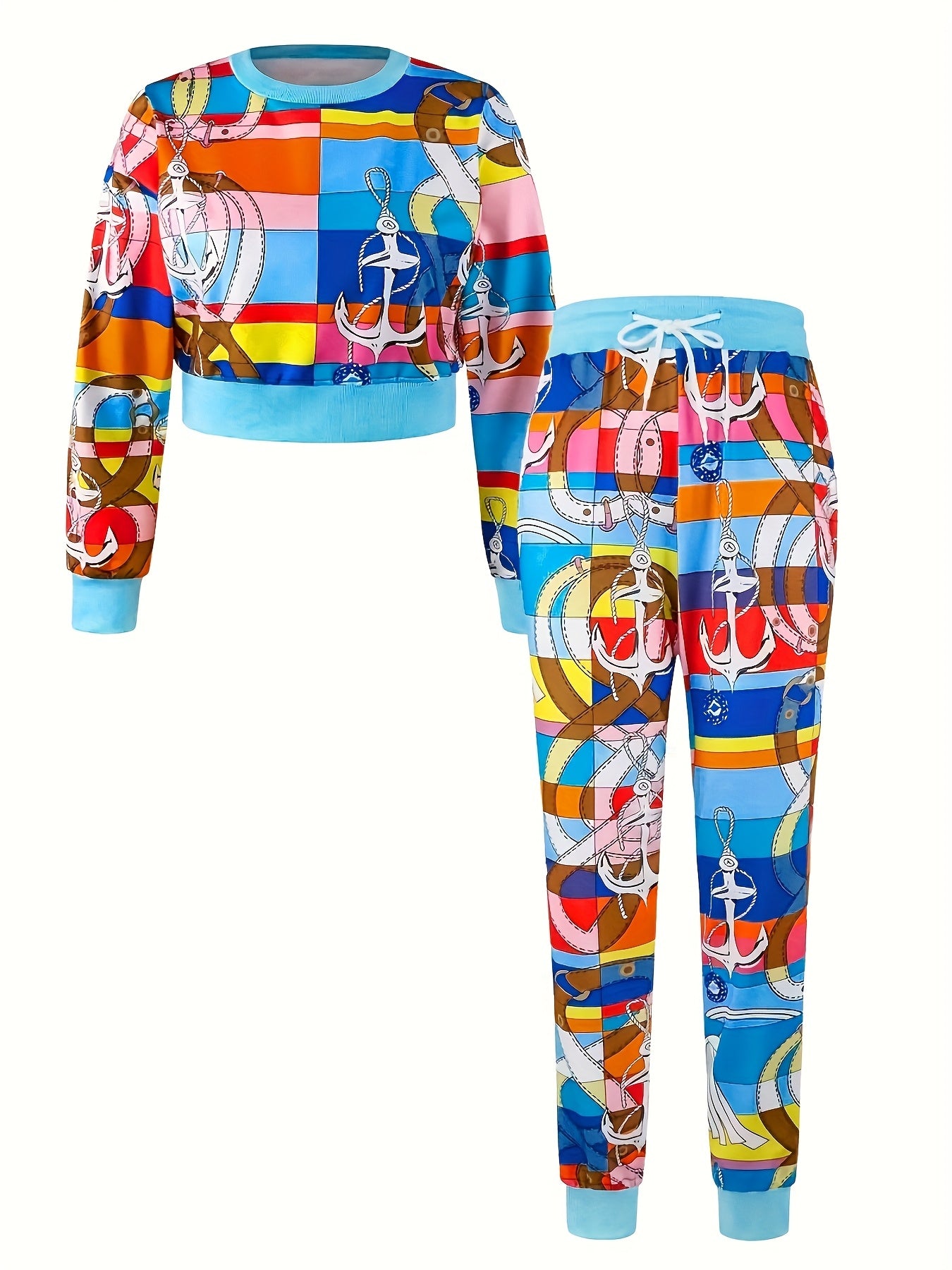 Women's Fashion Spring Long Sleeve Top, Long Pants, Funky Two Piece Set - Casual Wear, Fashionable Prints, Comfortable Drawstring Waist, Thin And Thick - Women's Versatile Work Commute, Daily Fashion Street Suit.