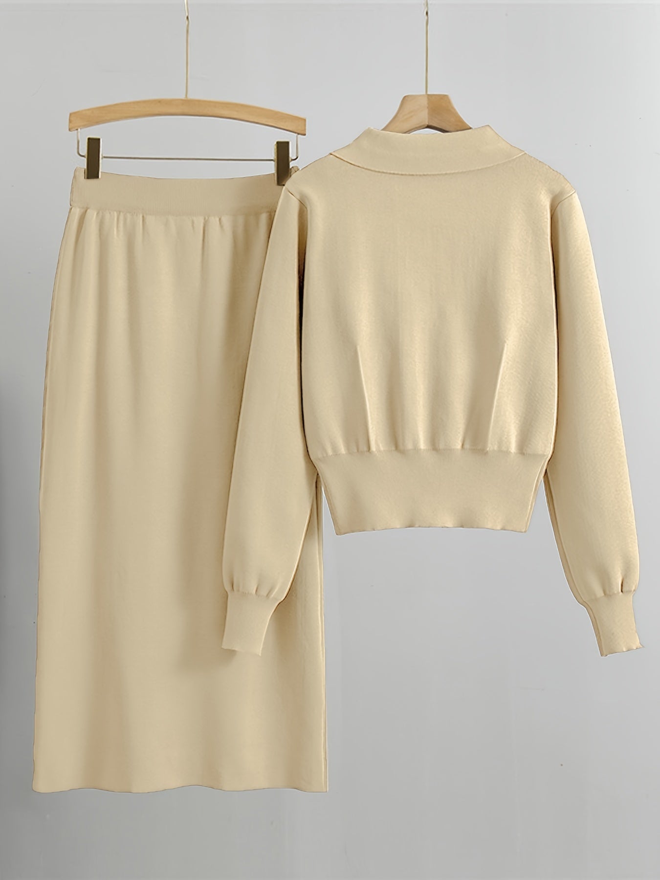 2pcs Women'S Viscose Blend Co-ord Set, Casual Lapel Collar Long Sleeve Knit Sweater and Skirt, Solid Color, Regular Fit, with Fake Button Details