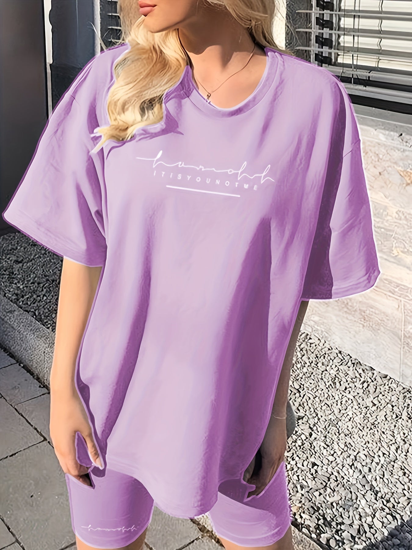 Women's Letter Print 2-Piece Set – Short Sleeve Crew Neck T-Shirt & High Waist Biker Shorts, Casual Matching Outfit for Spring/Summer