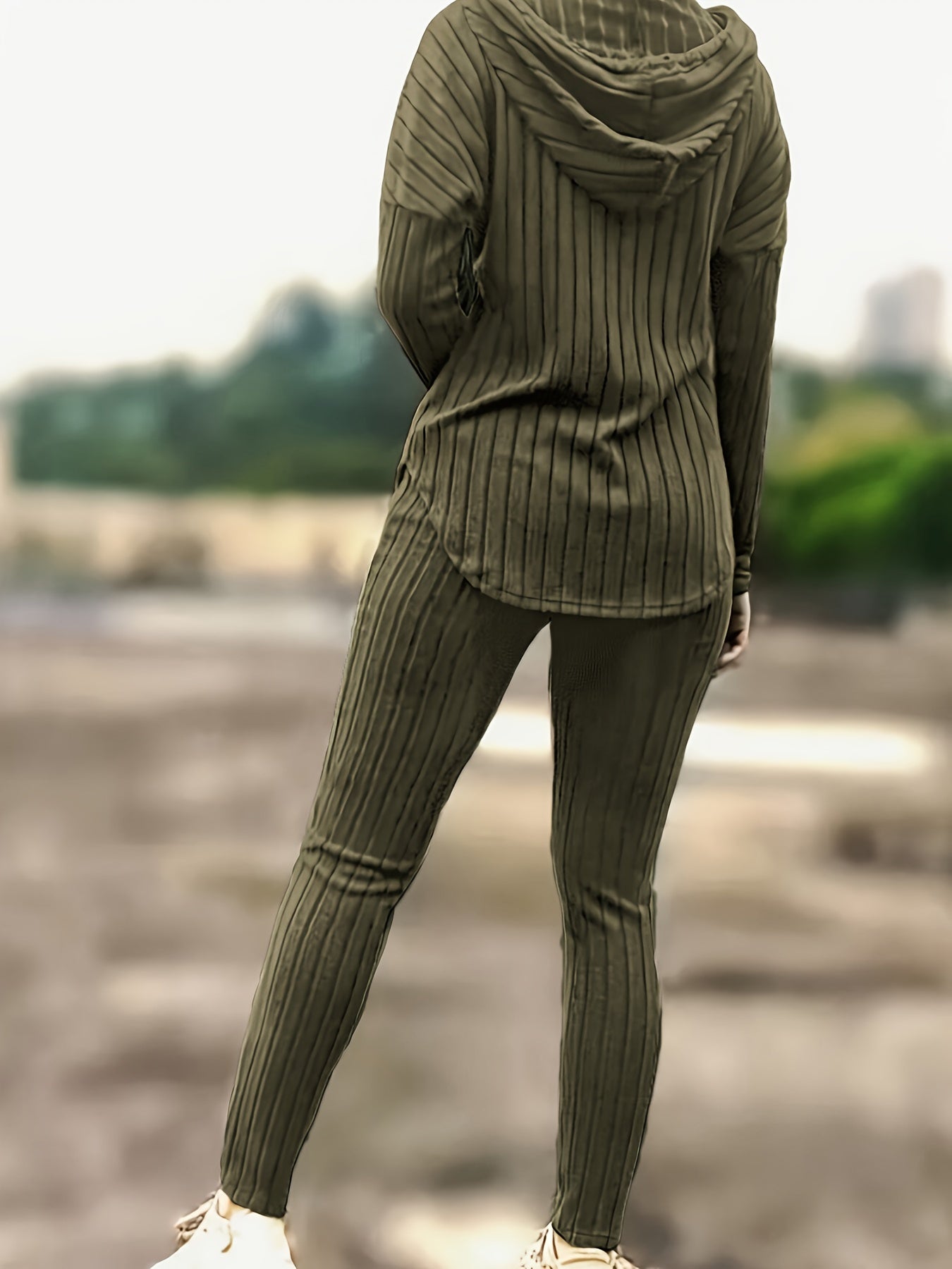 Ribbed Casual Two-piece Set, Long Sleeve Drawstring Hoodie & Slim Pants Outfits, Women's Clothing