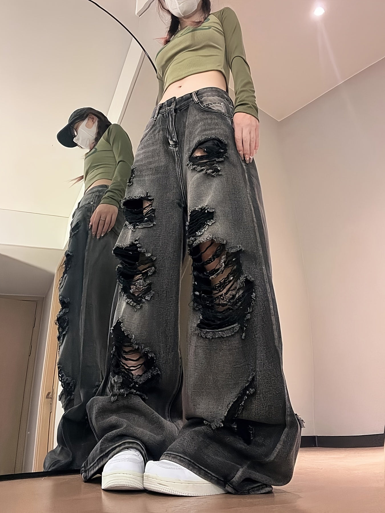 Women Ripped Jeans High Waist Fashion American Vintage Streetwear Harajuku Y2K Hip Hop Wide Leg Jean Female Denim Trouser Baggy Denim Pants