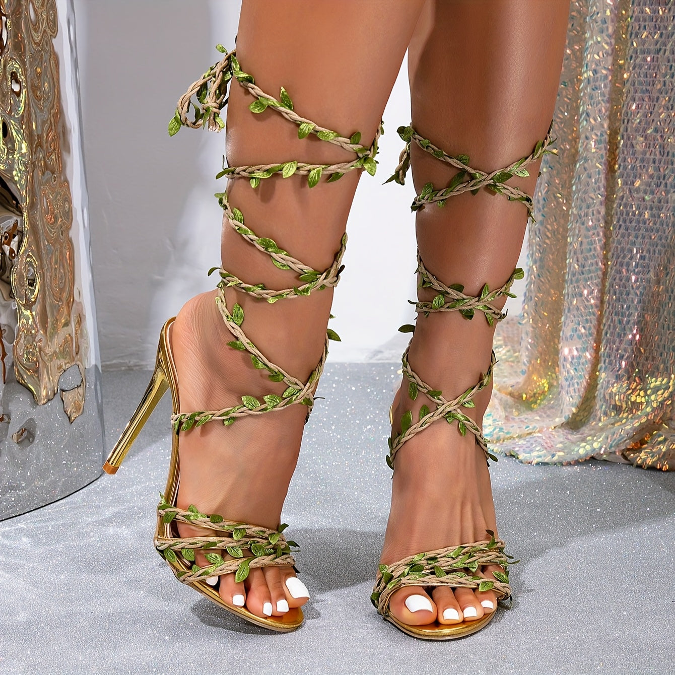 Elegant Golden-Tone Heeled Sandals for Women - Summer 2025 Collection, Pointed Toe with Braided Green Leaf Vine Straps, Ultrahigh Stiletto Heels, Open Back Design, Synthetic Cover, PVC Sole, Perfect for All Seasons
