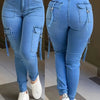 Women's High-Elasticity Skinny Cargo Jeans with Side Pockets - Stretch Denim, Mid-Rise, Light Blue, Street Style, Machine Washable