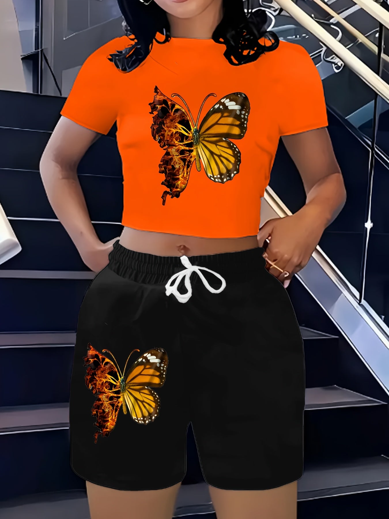 2-Piece Women's Butterfly Print Short-Sleeve Top and Shorts Set - Vibrant Orange & Black Geometric Pattern, Polyester Blend, Casual Spring/Summer Outfit, Spring Casual Wear | Vibrant Fashion | Smooth Texture Finish