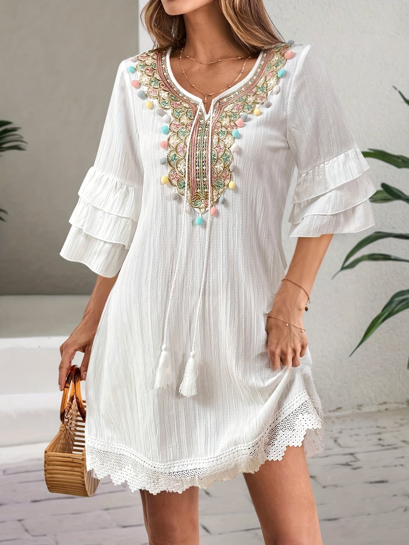 Women'S Fashion Embroidered Notched V-Neck Dress with Colorful Pom-Pom Detail, Ruffle Three Quarter Sleeves, Tassel Trim, Polyester 100%, Regular Fit, Woven Fabric, 120g/m², Spring/Summer/Fall A-Line Dress