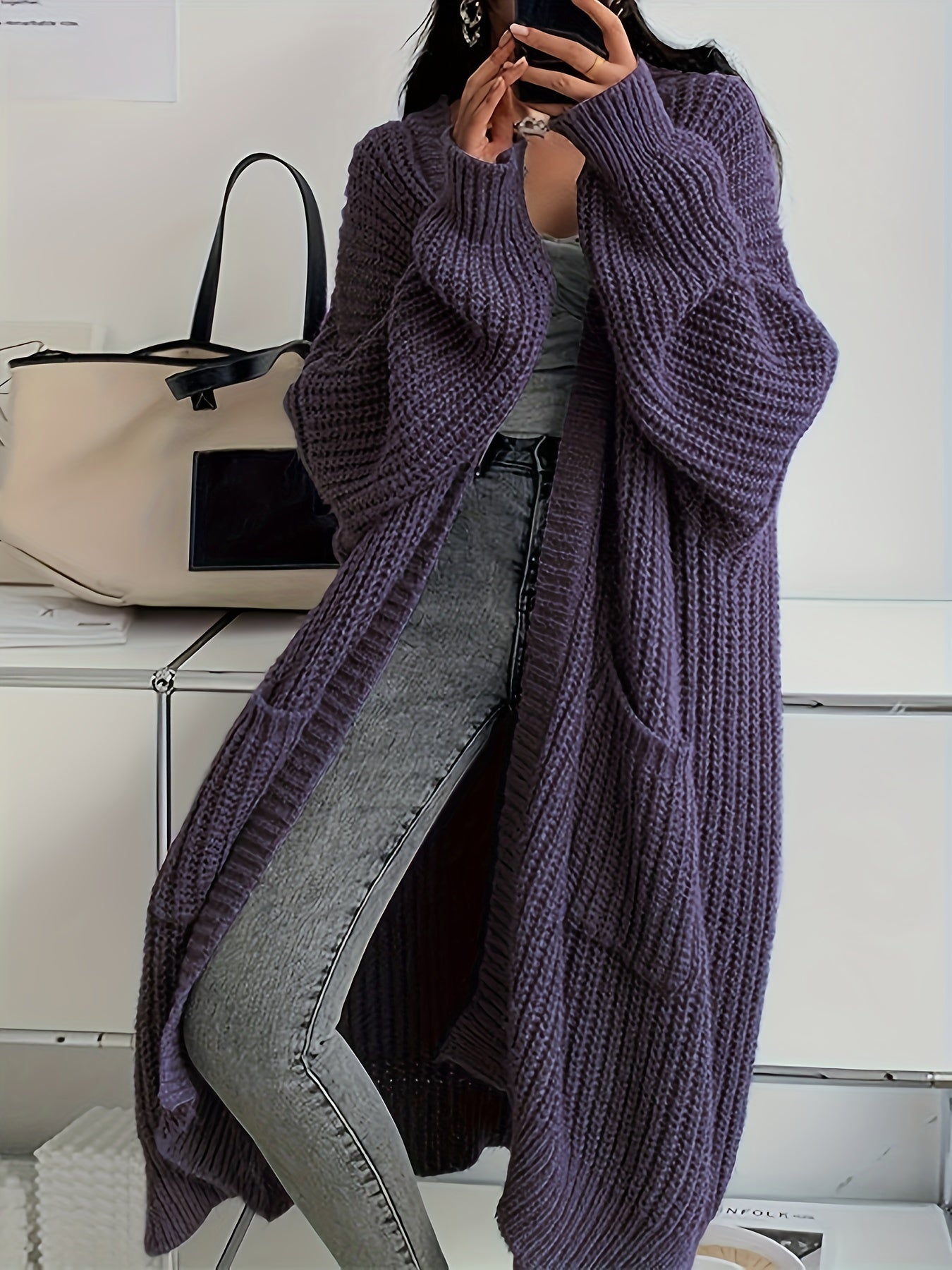 Women's Solid Color Open Front Knitted Cardigan, Long Sleeve, Spring/Fall Casual Wear