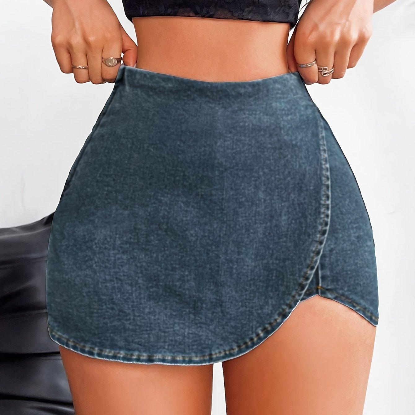 Elegant High-Waist Slimming Denim Skirt Shorts, Solid Color, Stretch Fabric, Zipper Closure - Spring/Summer Collection, Stylish Skirt Shorts | Elegant Appearance | Stretch Denim, High Waisted Shorts