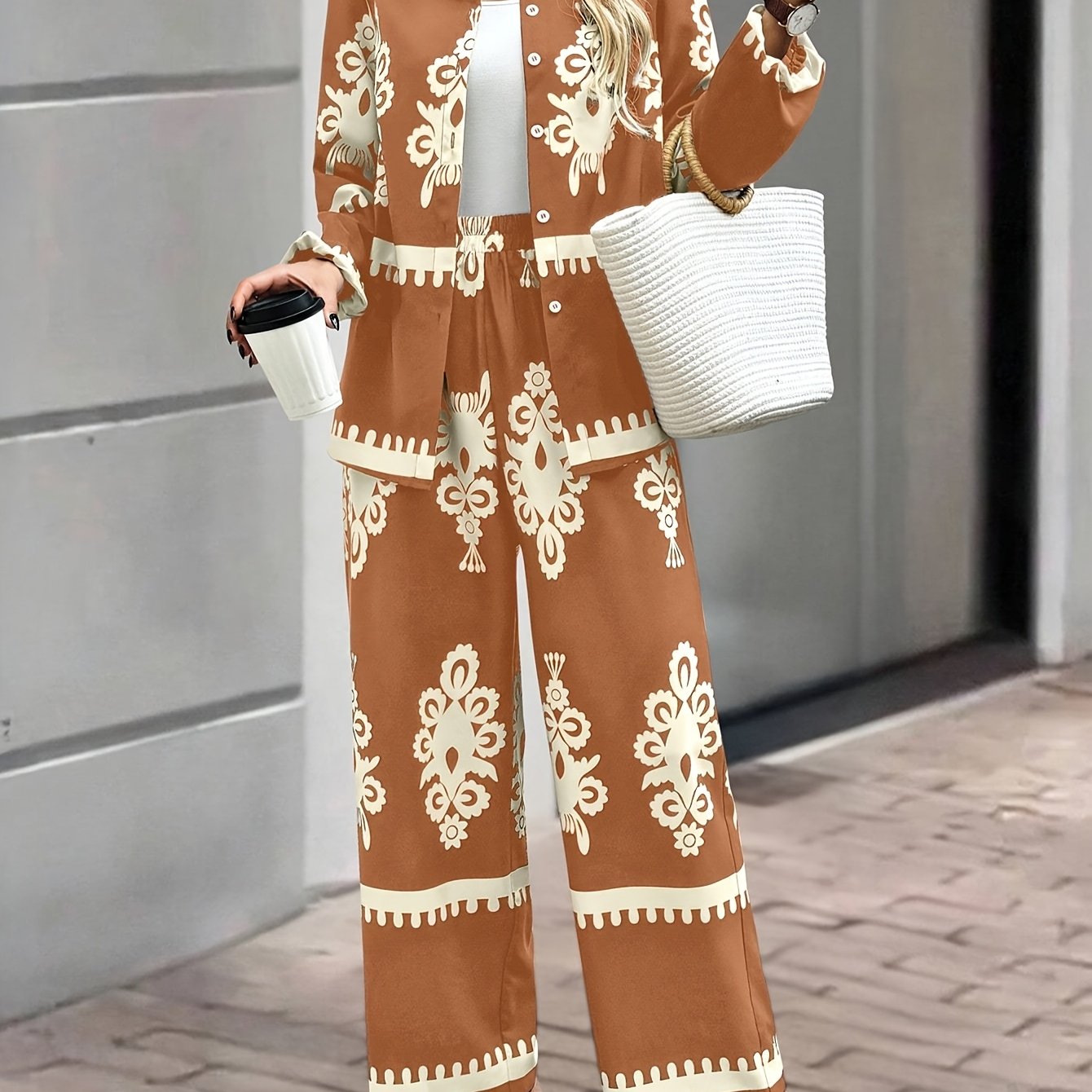 2pcs Elegant Special Set for Women with Random Print Front Button Long Sleeve Top and Pants Casual Suit
