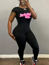 Women's Sexy Backless Bodycon Jumpsuit - Stretchy Polyester-Spandex Blend, Black with Pink "Birthday " Letter Print, Round Neck, Machine Washable, Spring/Summer Casual Outfit, Birthday Attire | Round Neck Jumpsuit | Stretchy