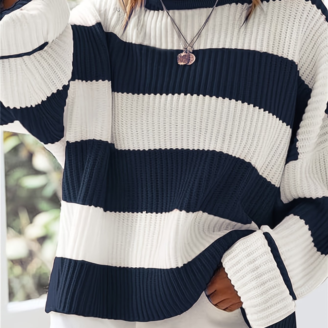 Long Sleeve Acrylic Pullover Sweater - Women's Casual Rib-Knit Crew Neck, Drop Shoulder, Loose Fit, Solid Color, All Season Knit Fabric Top
