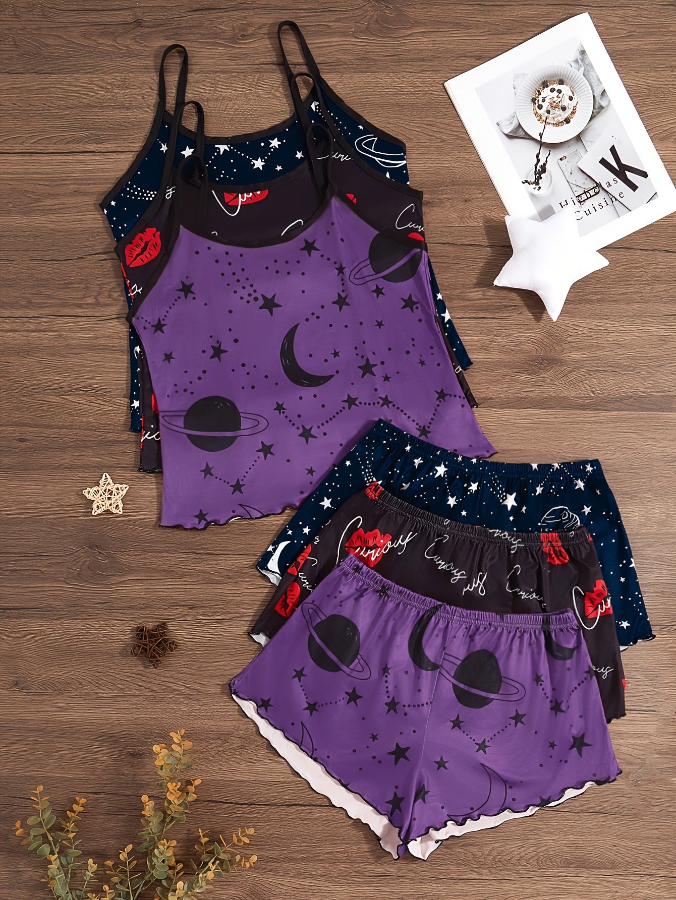 Starry Sky Style - Three-Piece Set of Women'S Sleepwear with Lip Prints